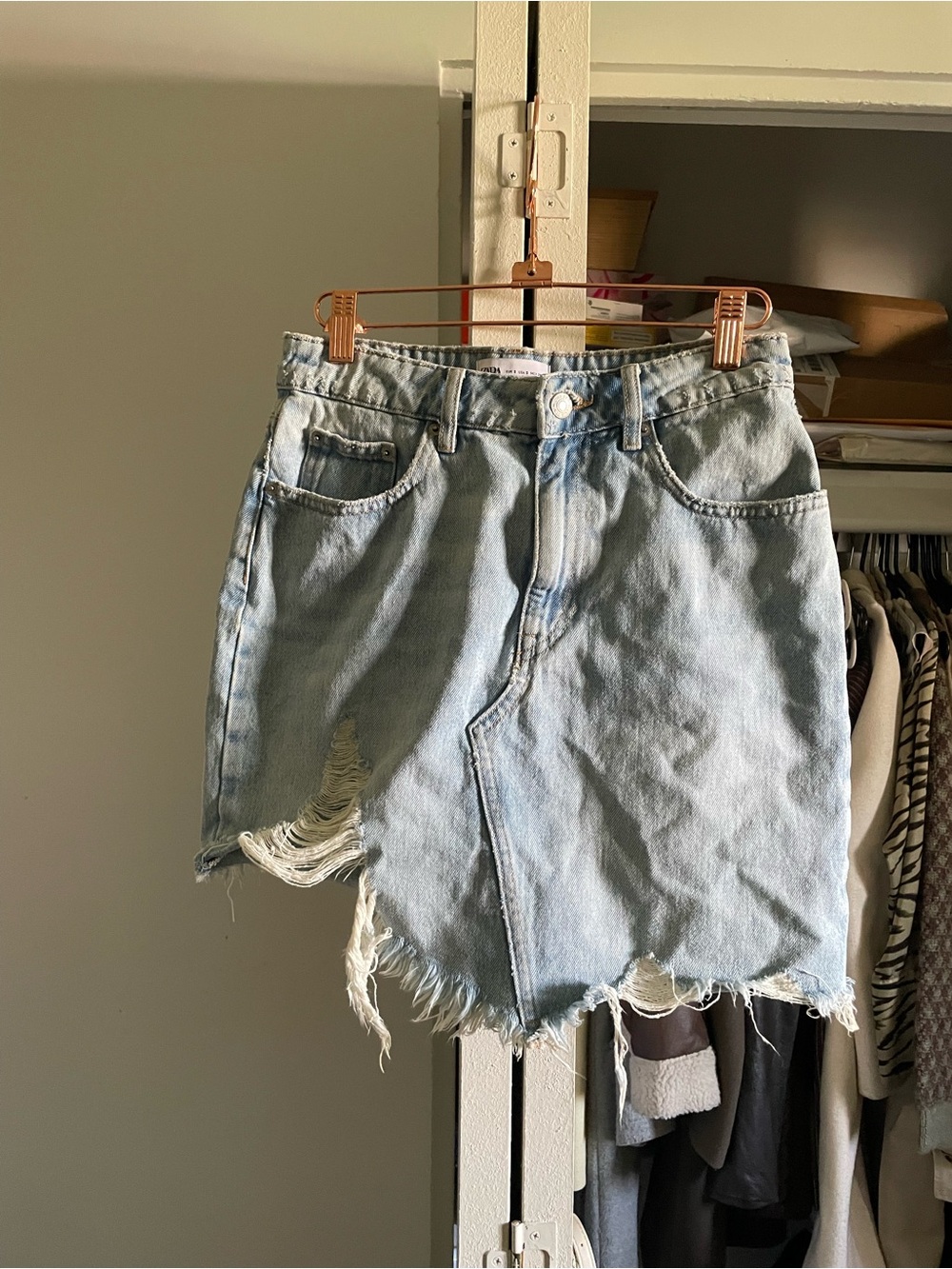 Zara Light Blue Distressed Denim Mini Skirt